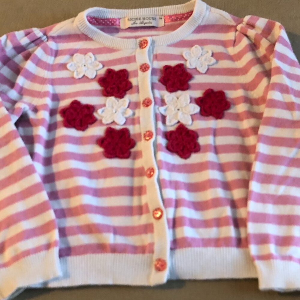 Richie House Girls White & Pink Cardigan Sweater Long Sleeves Size 4